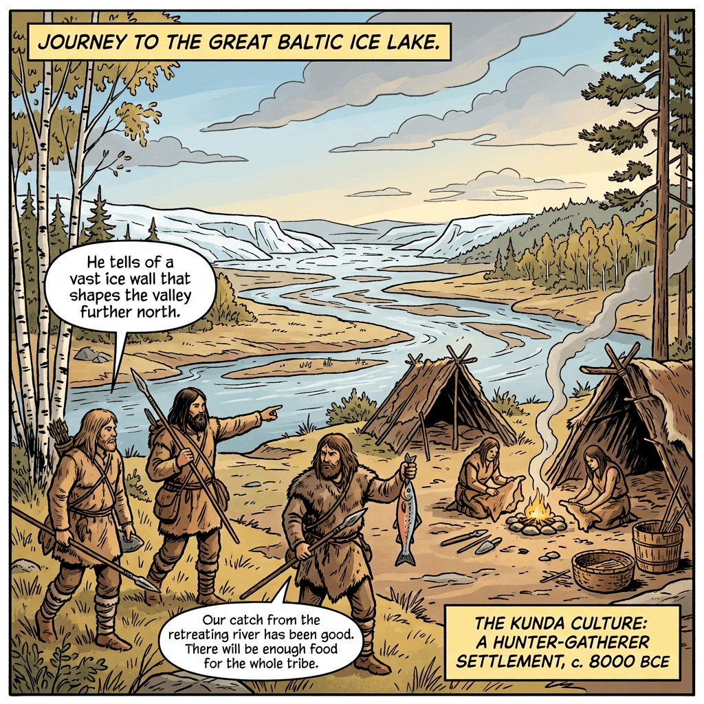 Hunter-gatherers at a riverside camp with tents, fire, tools, and fishing activity