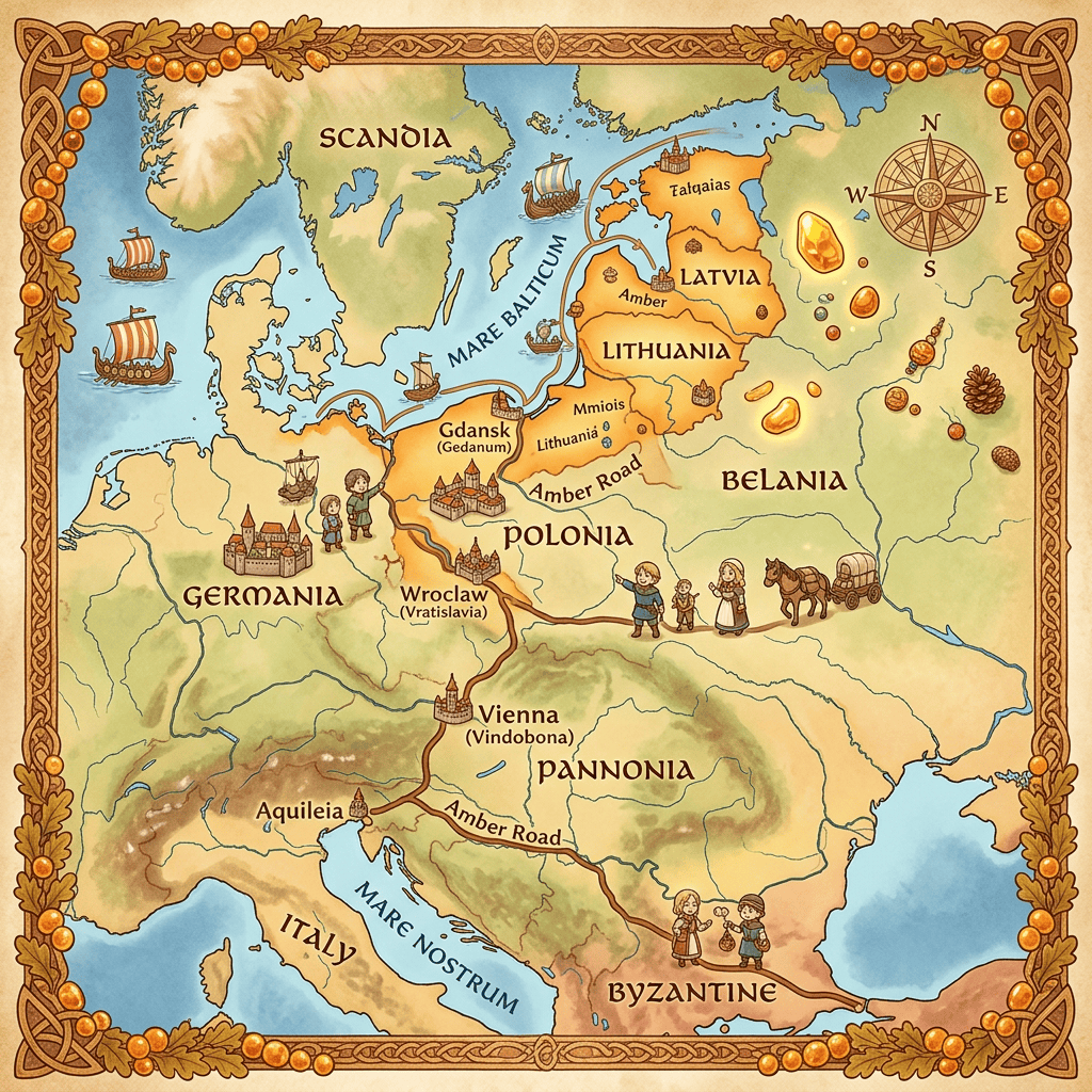 Map showing Amber Road trade routes across Europe with illustrated cities and figures