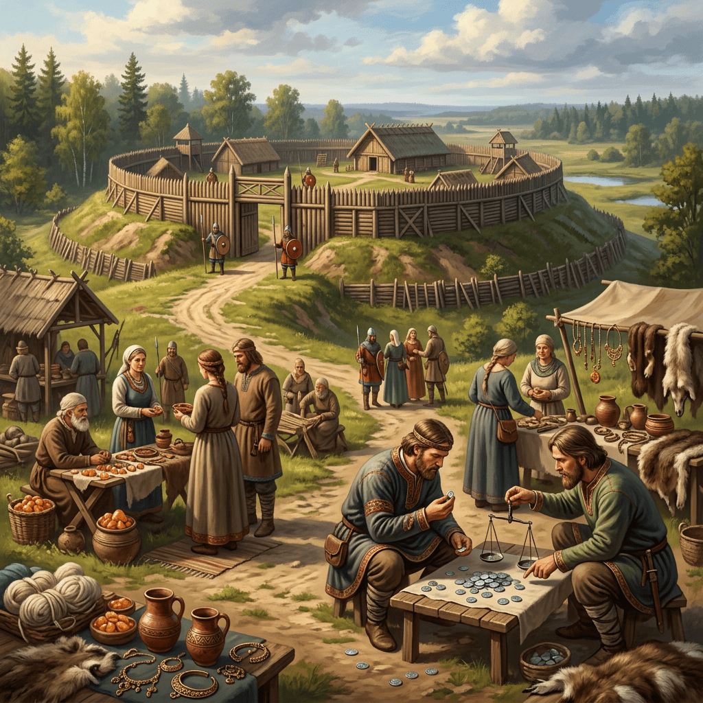 Medieval villagers trading goods and coins near a wooden fort