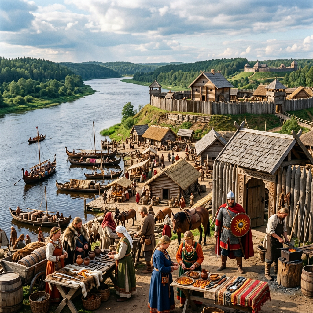 Medieval riverside village market with wooden houses, villagers, boats on river, and a fortress