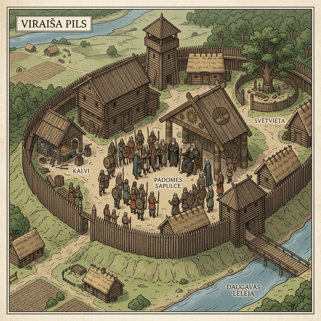 Medieval Viraiša castle with wooden walls, buildings, council meeting, forge, and sacred place.