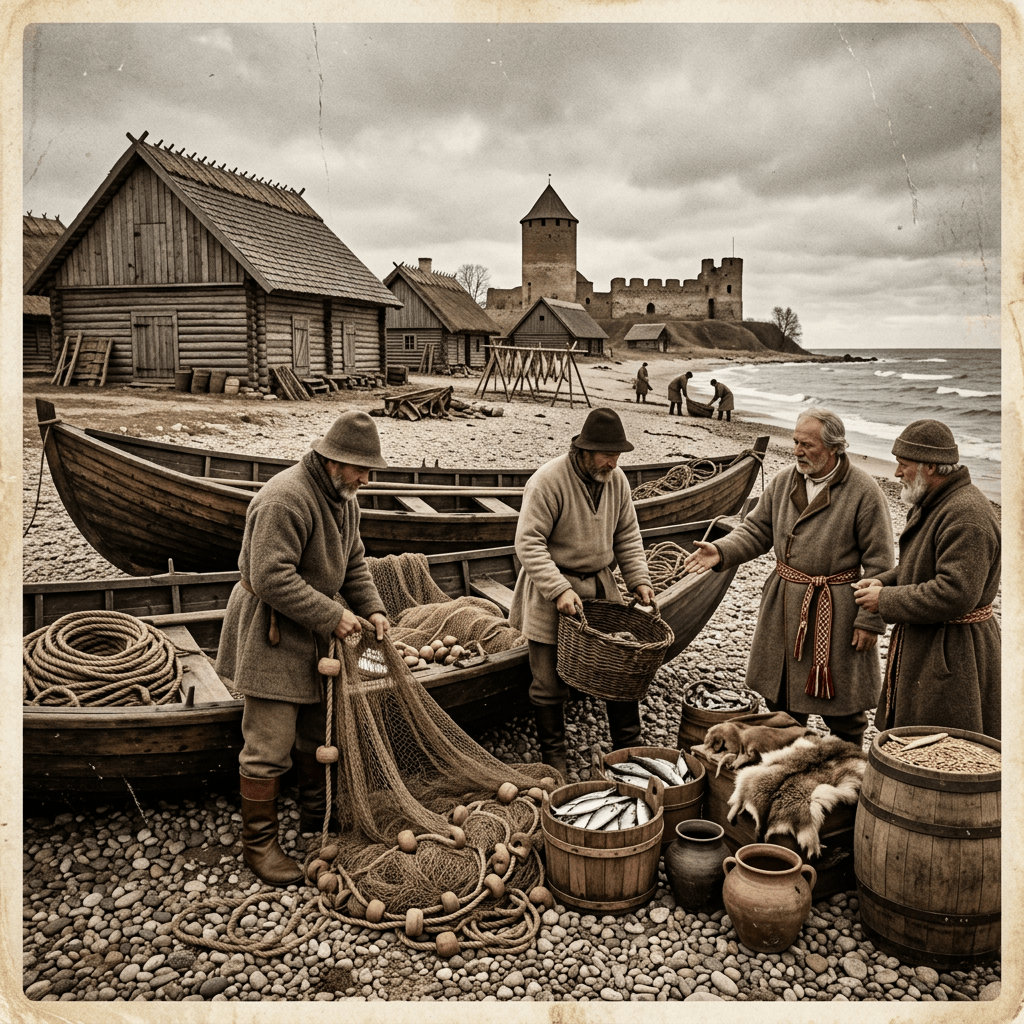 Four fishermen sorting fish and nets by two wooden boats on a rocky beach with a castle and wooden houses in the background