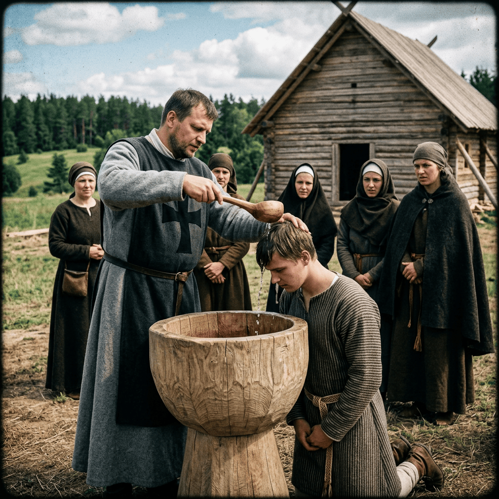 Man pours water over young man's head during a baptism with onlookers and wooden house in background
