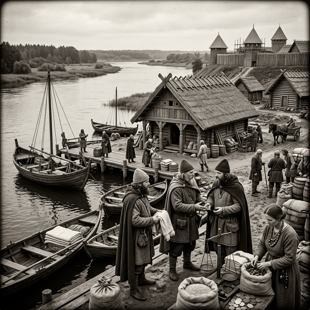 Medieval villagers trading goods near wooden boats at a riverside village