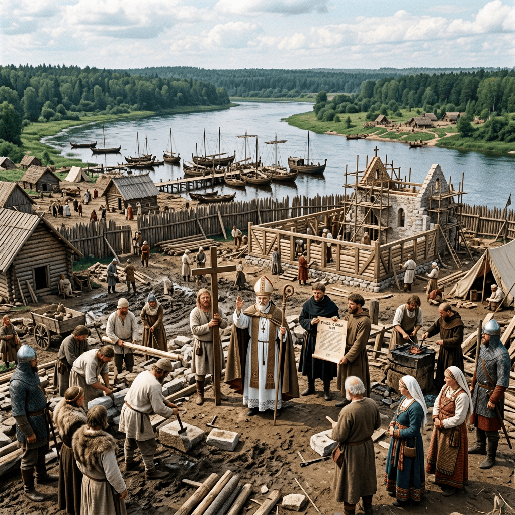 Medieval villagers and clergy at church construction site by river with boats and wooden houses