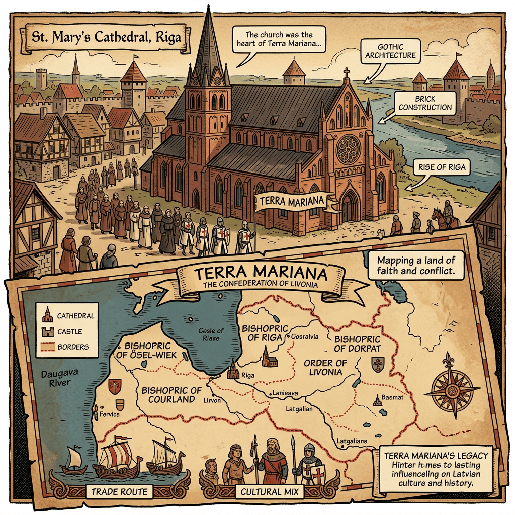 Illustration of St. Mary's Cathedral in Riga with labels and a detailed map of Terra Mariana showing bishoprics, castles, and trade routes