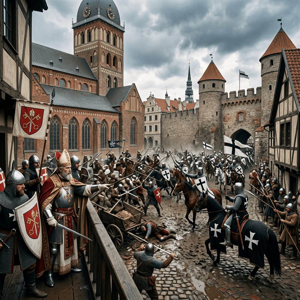 Riga bishop and knights civil war scene