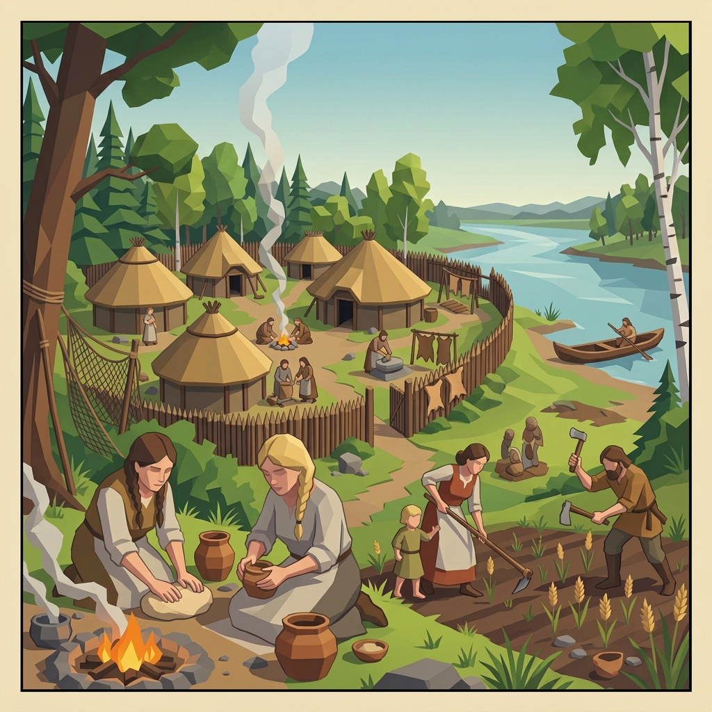 Early Neolithic life in Latvia Neolithic village near river with people making pottery, farming, and fishing
