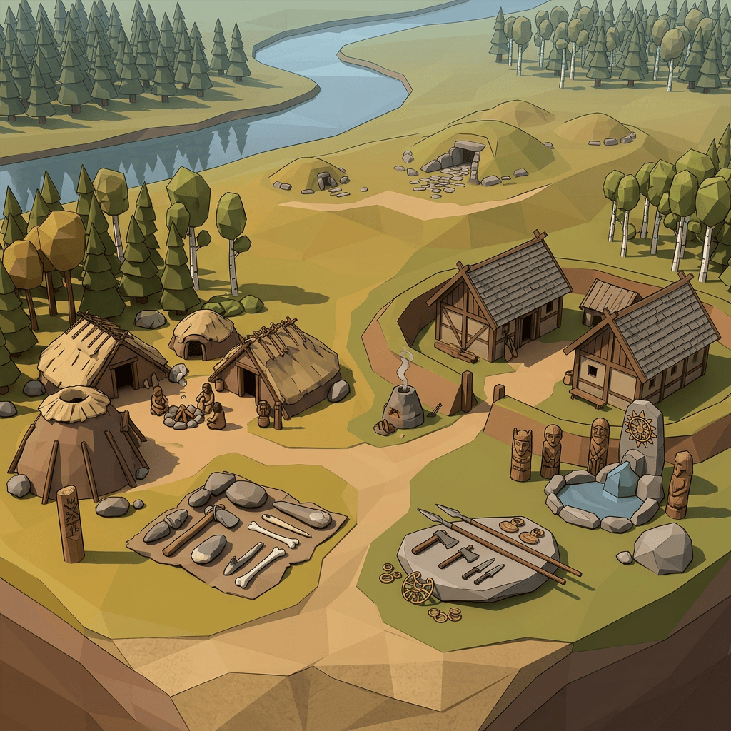 Baltic Hillfort Life in 1st Millennium BC Medieval village with wooden houses, tools, weapons, totems, burial mounds, and a river nearby