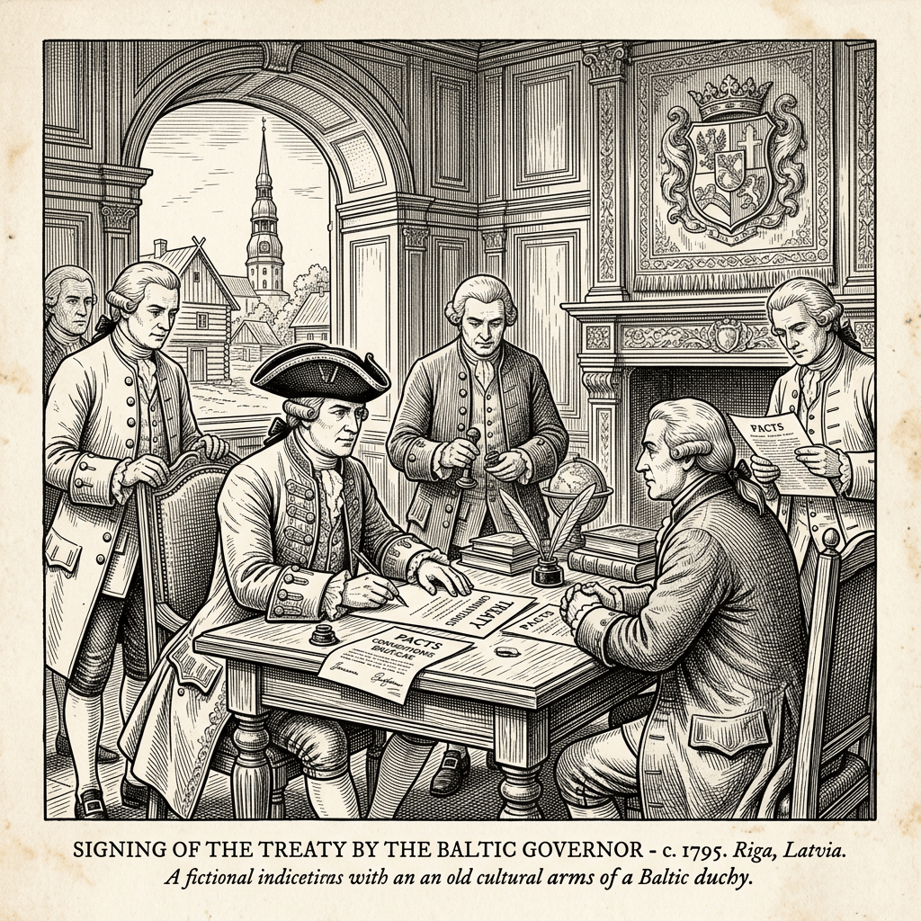 Men in 18th century attire signing a treaty in a decorated room with a Baltic duchy coat of arms