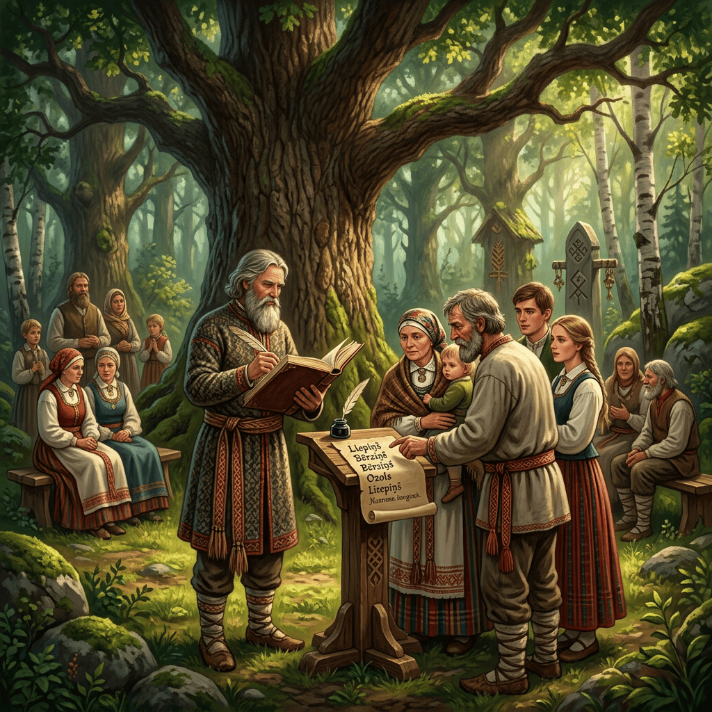 Elder reading from a book to people in traditional Baltic clothing in a forest clearing