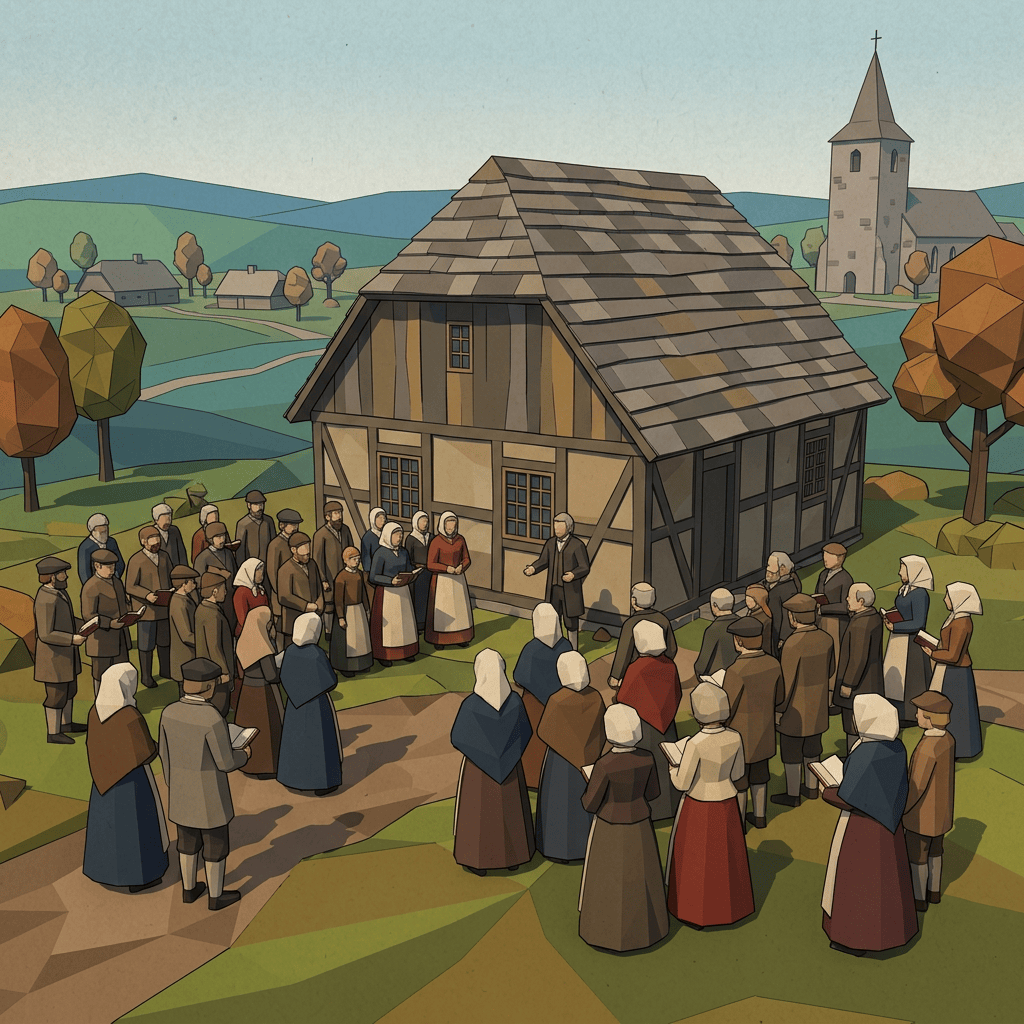 Group of villagers gathered outdoors around a small wooden building with a man speaking