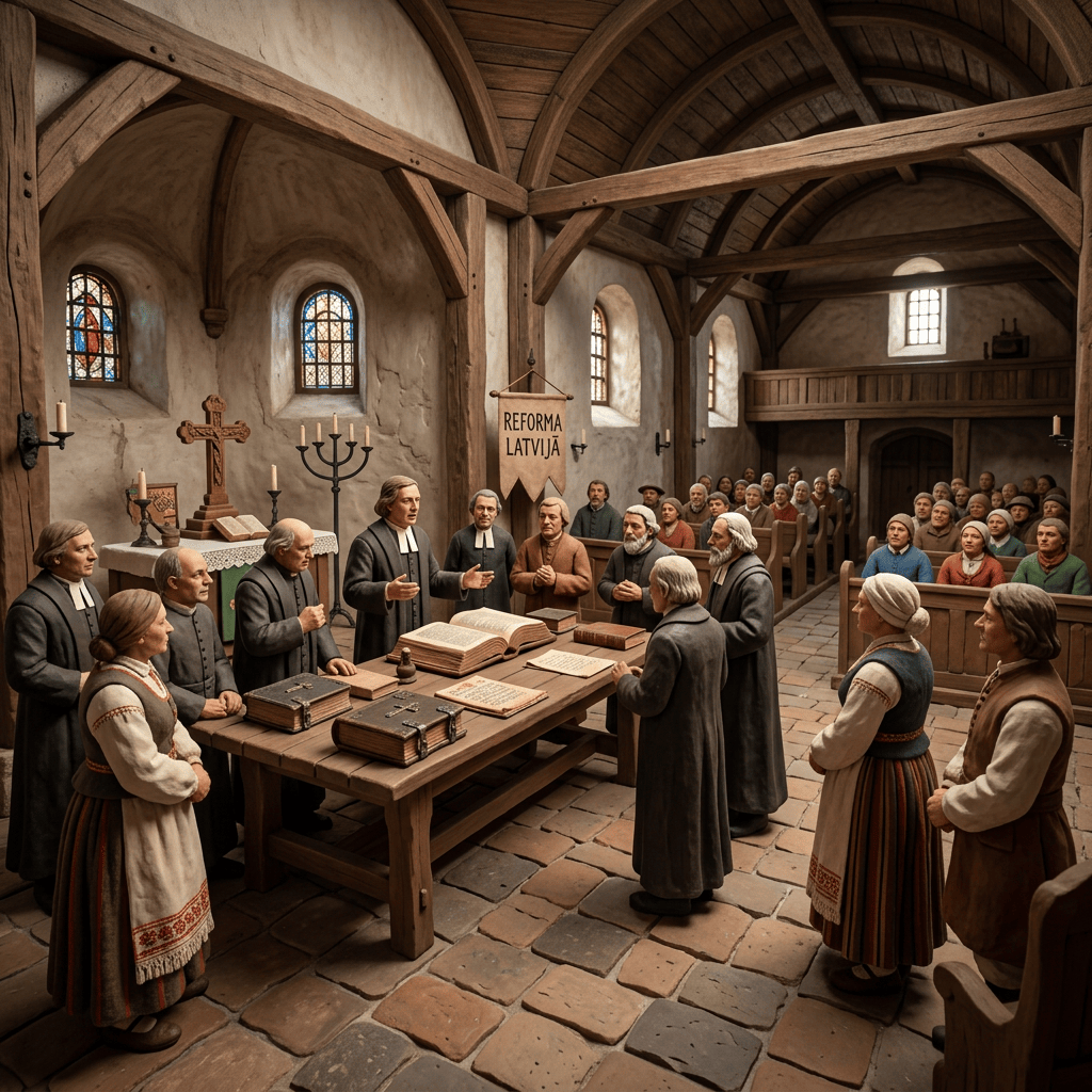 People in historical Latvian clothing gathered in a wooden church for a Reformation meeting with open books on a table
