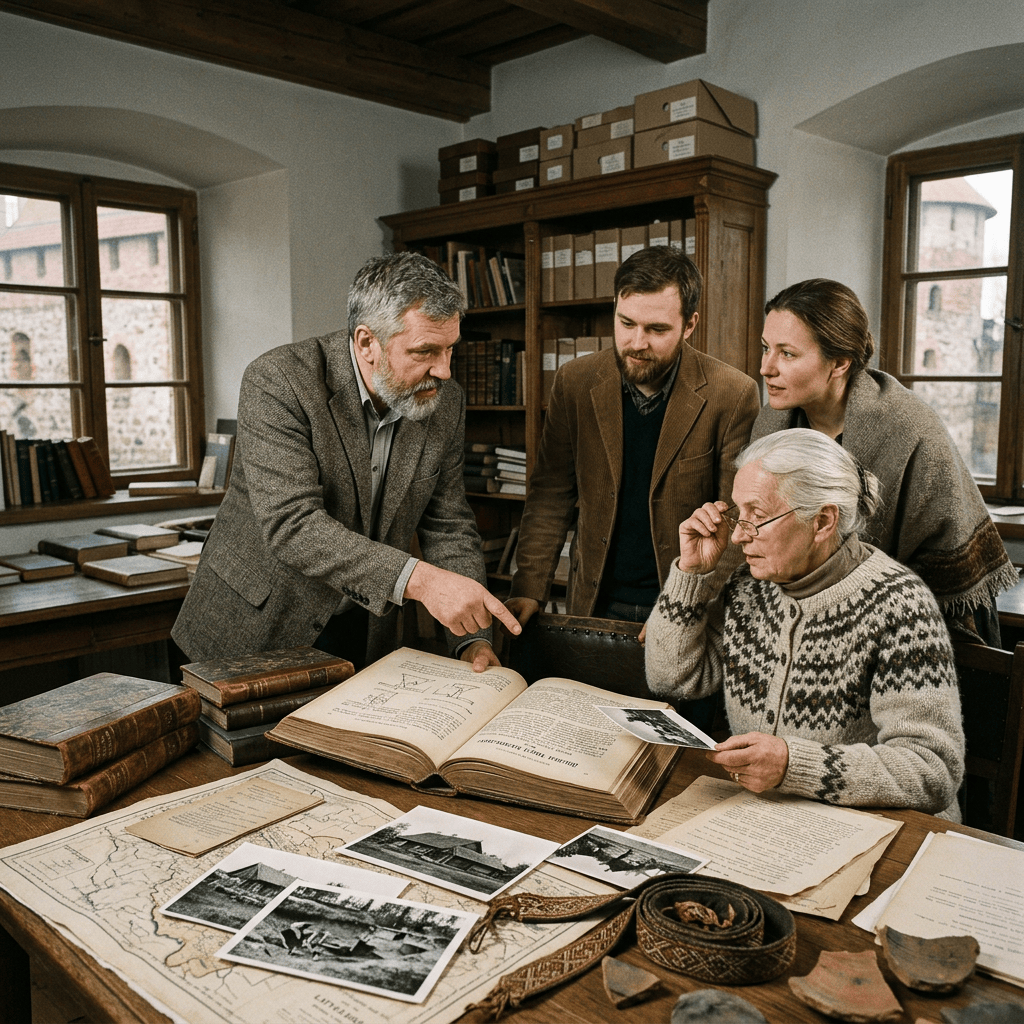 Four people researching old books, photos, and artifacts in a library