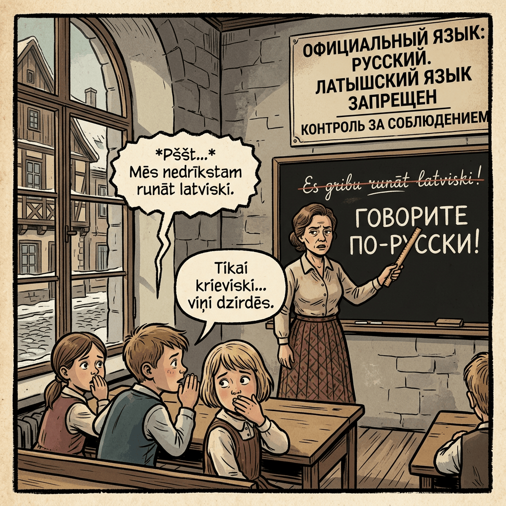 Classroom scene where children whisper about not speaking Latvian as teacher points to blackboard with Russian text enforcing speaking only Russian
