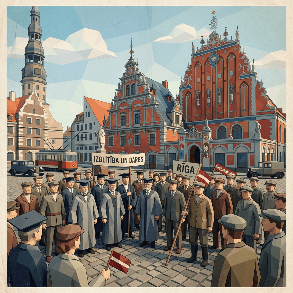 Group of men in early 20th century attire holding signs 'IZGLĪTĪBA UN DARBS' and 'RĪGA' in front of Riga's historic architecture