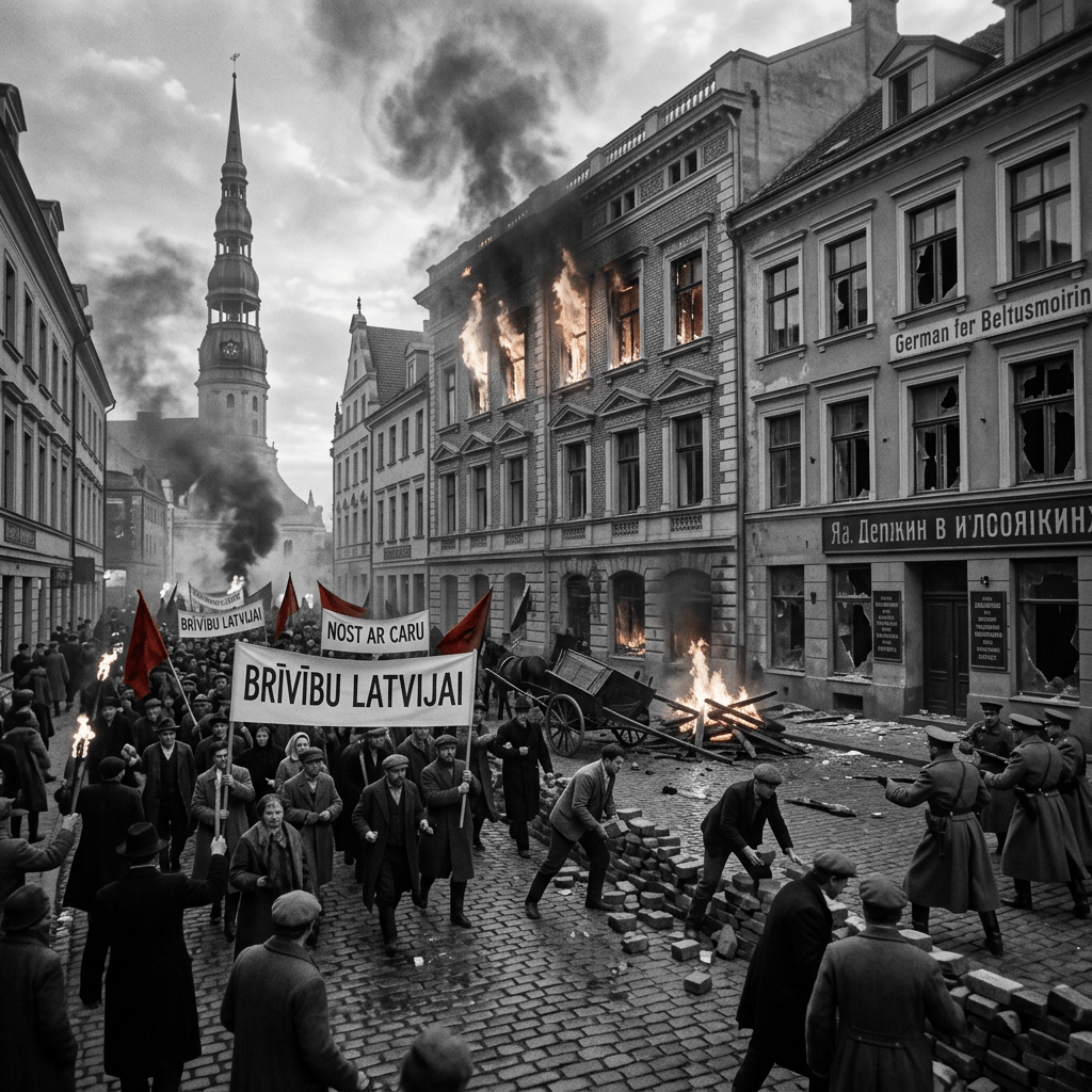Crowd of people holding banners saying 'BRĪVĪBU LATVIJAI' marching past burning buildings in a city street.