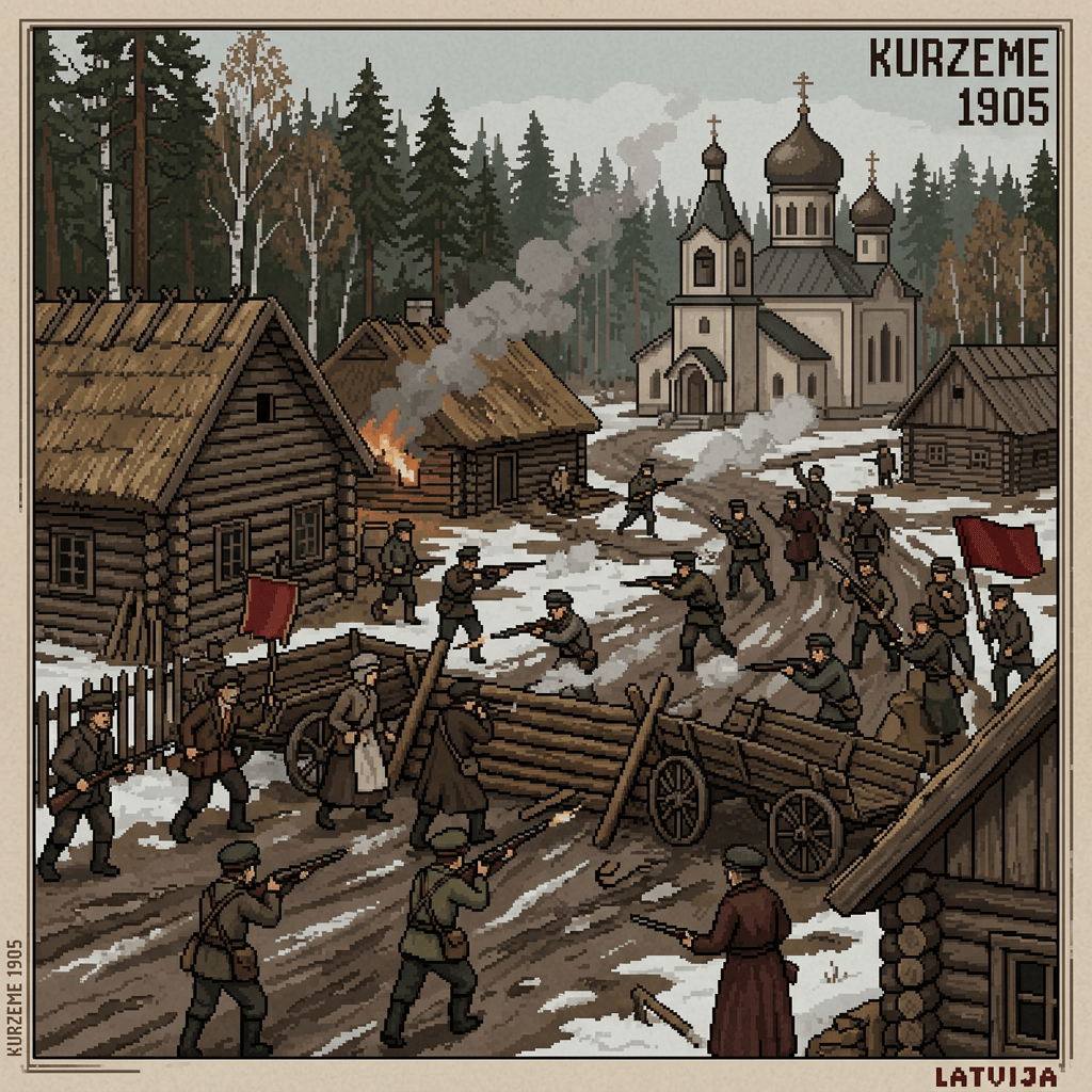 Pixel art of armed fighters battling in a snowy village with burning buildings and a church in the background labeled Kurzemes 1905