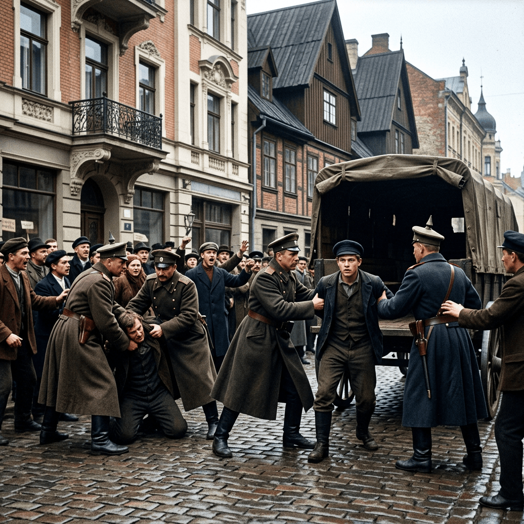 Soldiers in vintage uniforms arresting civilians on cobblestone street with crowd