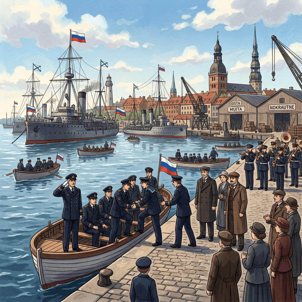 Sailors in uniform boarding a rowboat at a crowded harbor with buildings, ships, and a brass band