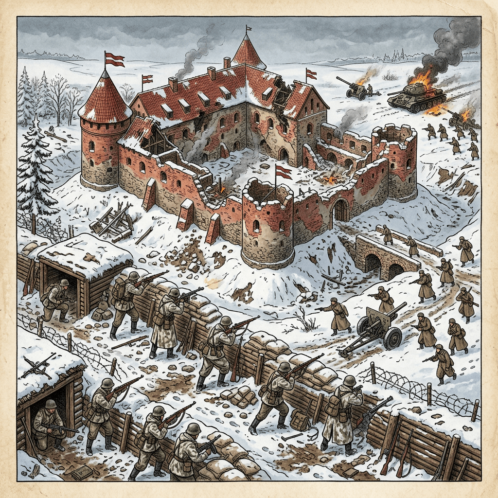 Winter battle scene with soldiers attacking a fortified castle with tanks and artillery
