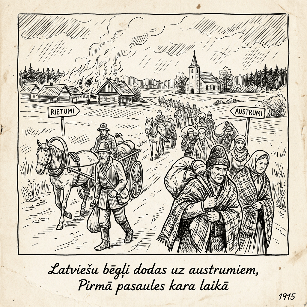 Latvian refugees walking and riding carts with belongings fleeing burning village during World War I in 1915