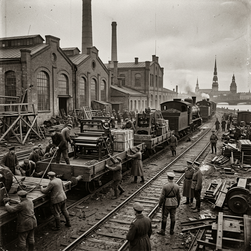 Workers loading large machinery onto train cars beside brick industrial buildings