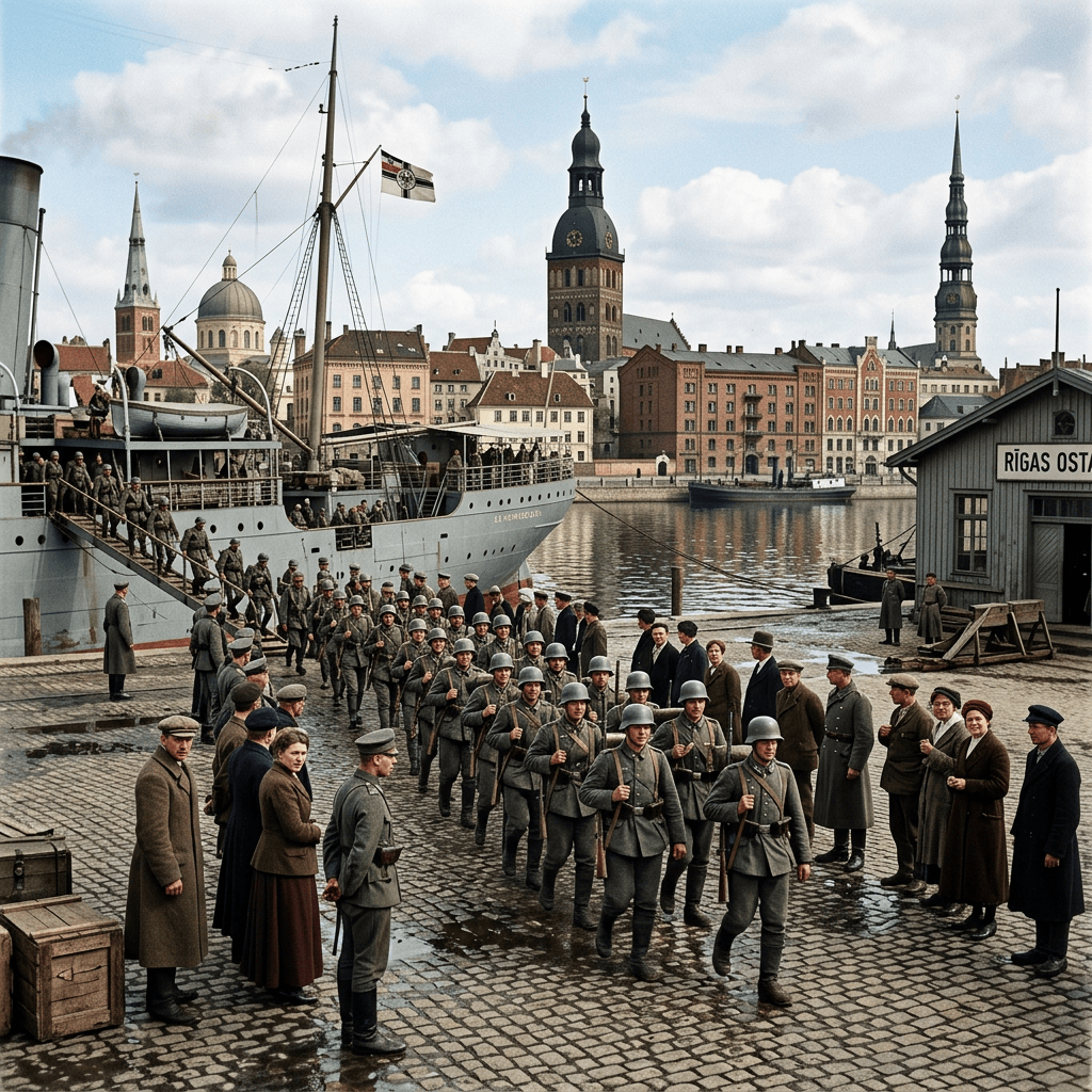 German soldiers in uniform marching off a ship at Riga harbor with historic city background