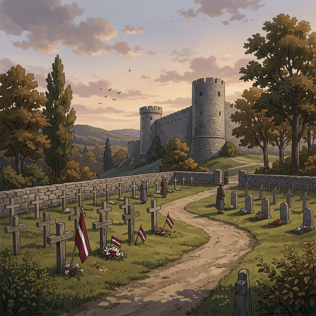 cemetery with wooden crosses and flags near a stone castle under cloudy sky