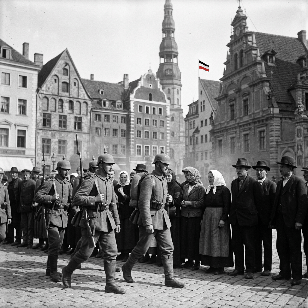 German soldiers in uniform marching with rifles past a line of civilians in a European city square.