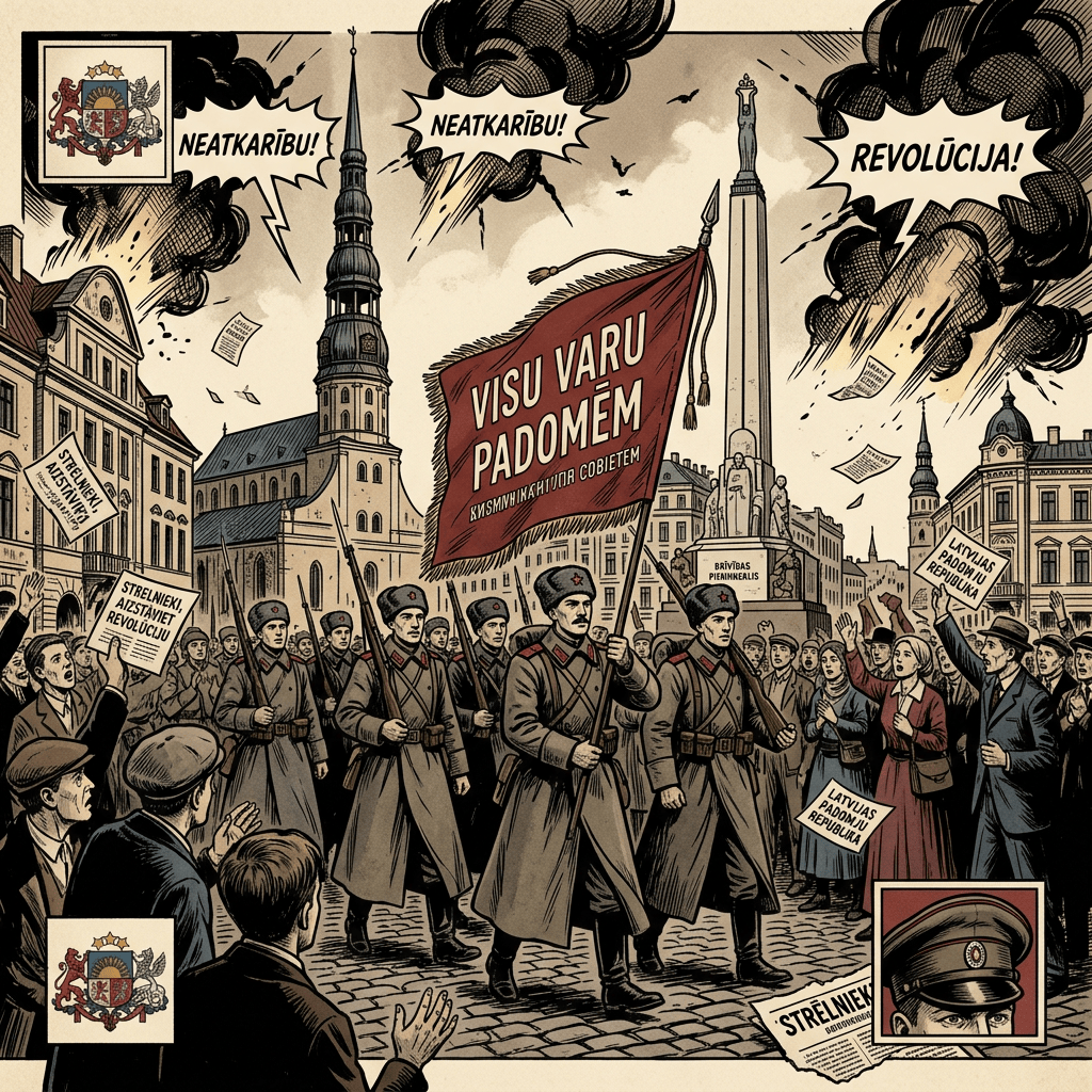 Latvian soldiers in uniform marching with a large red banner and surrounded by a crowd holding revolutionary signs in a city square