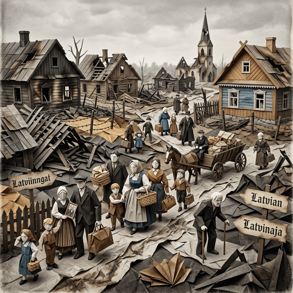 Group of Latvian refugees carrying bags and belongings walking through ruined village with destroyed houses and church