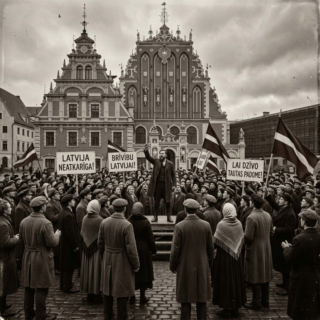 Crowd at a Latvian independence rally with speaker and flags in historic Riga square