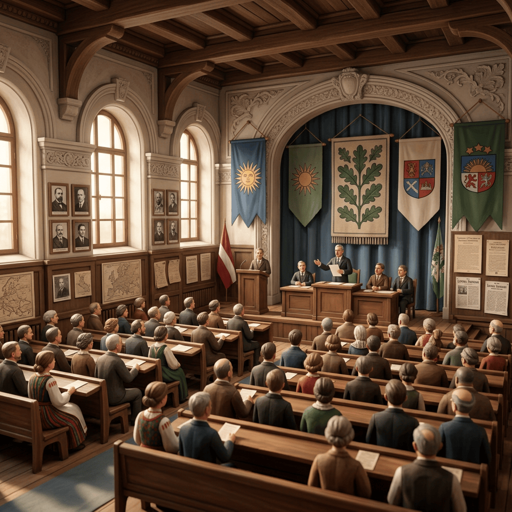 Historic assembly hall with people sitting on wooden benches and officials speaking at front