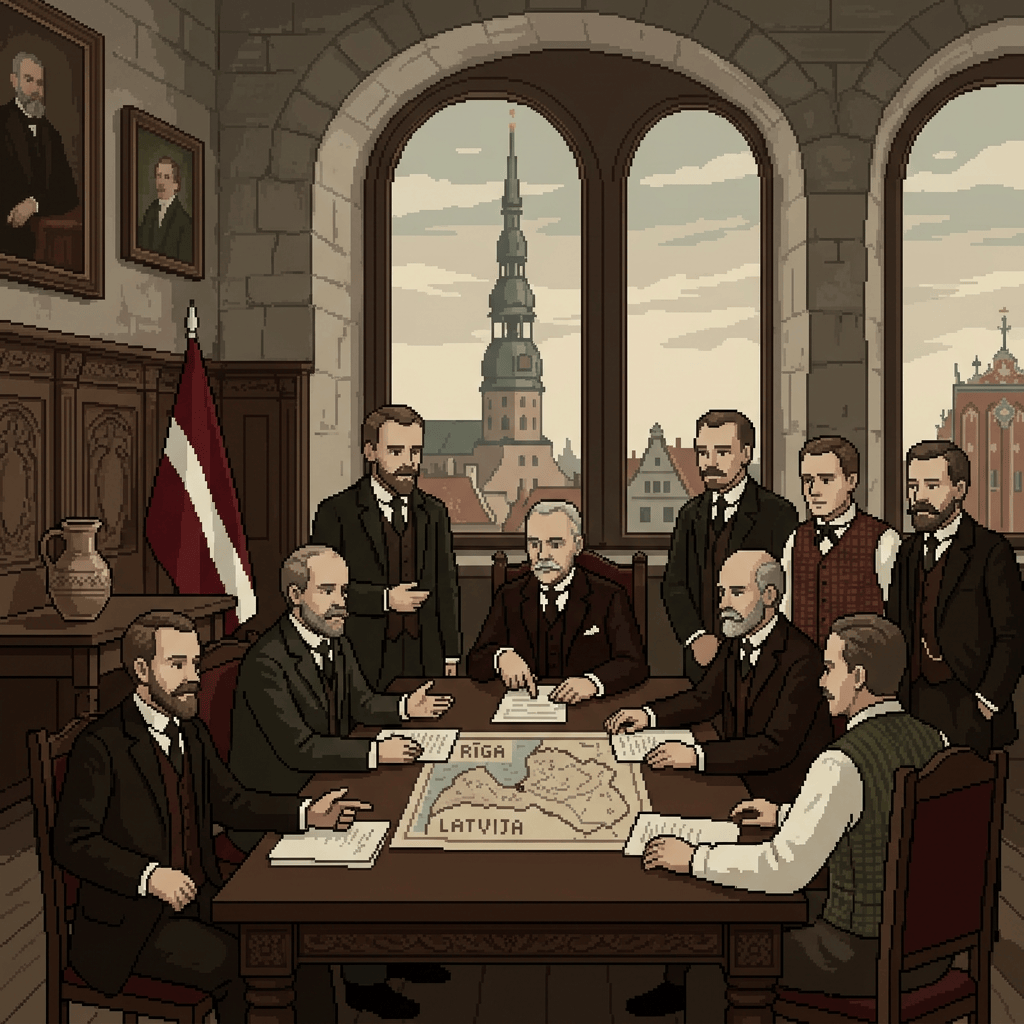 Group of men in early 20th century attire around table with Latvia map in a room with large arched windows showing Riga cityscape