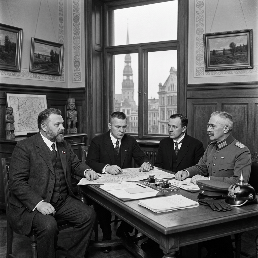Four men in formal attire sitting at a wooden table with maps and papers, a window showing a cityscape behind them