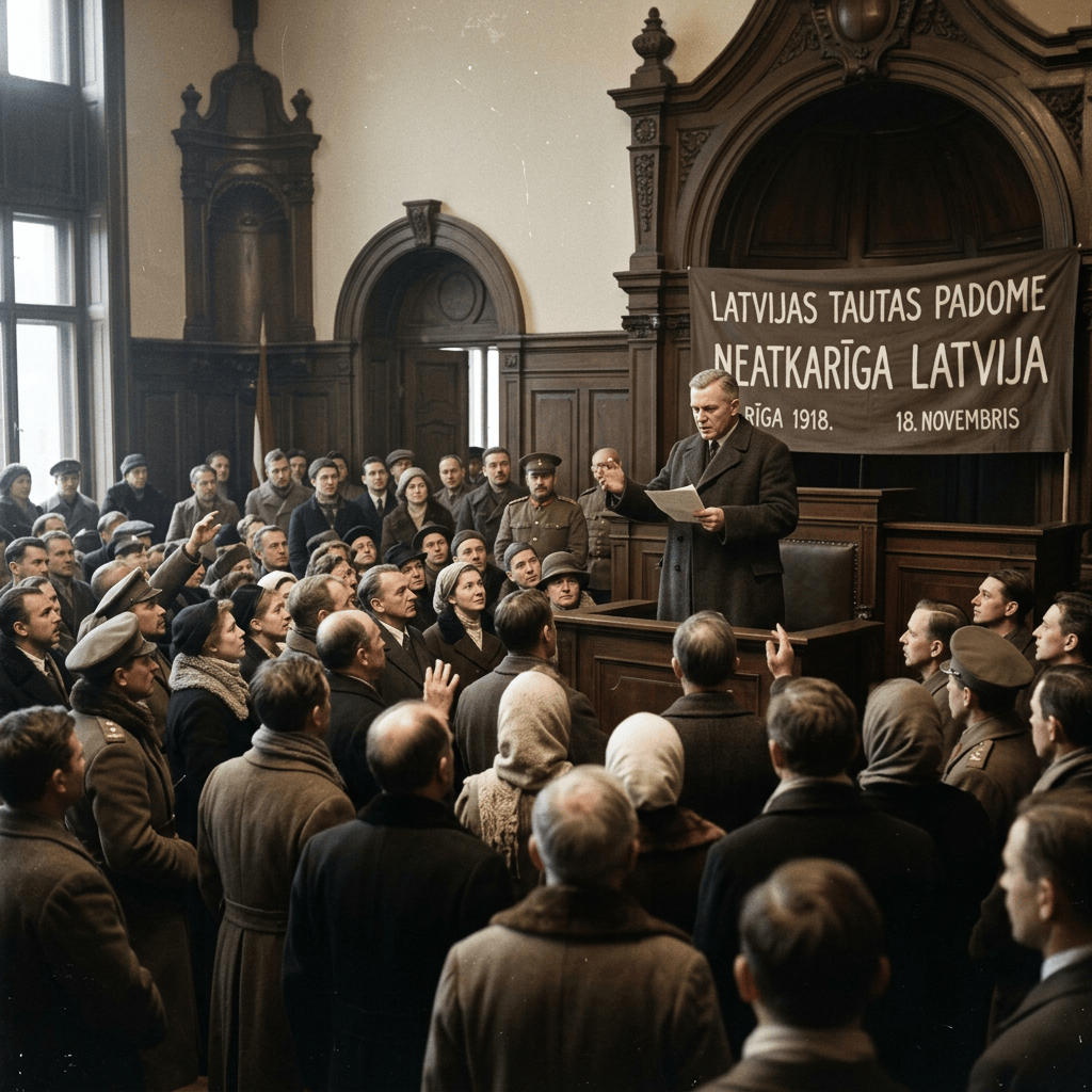 Man reading declaration to crowd in wood-paneled room with Latvia independence banner
