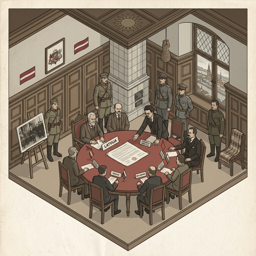 Delegates around a round table signing the Latvian peace treaty in a wood-paneled room with guards and Latvian flags