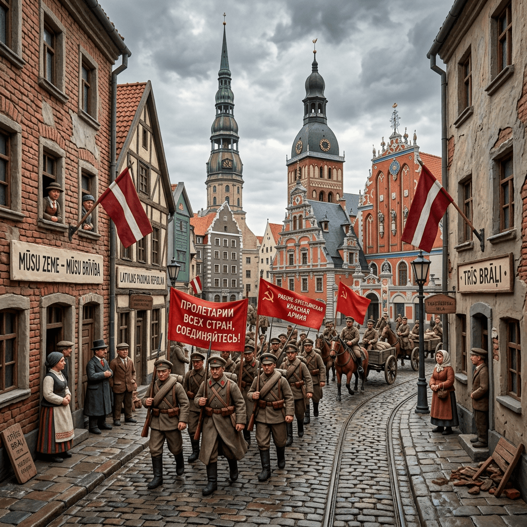 Soviet soldiers marching with red flags in a cobblestone street of historic Riga