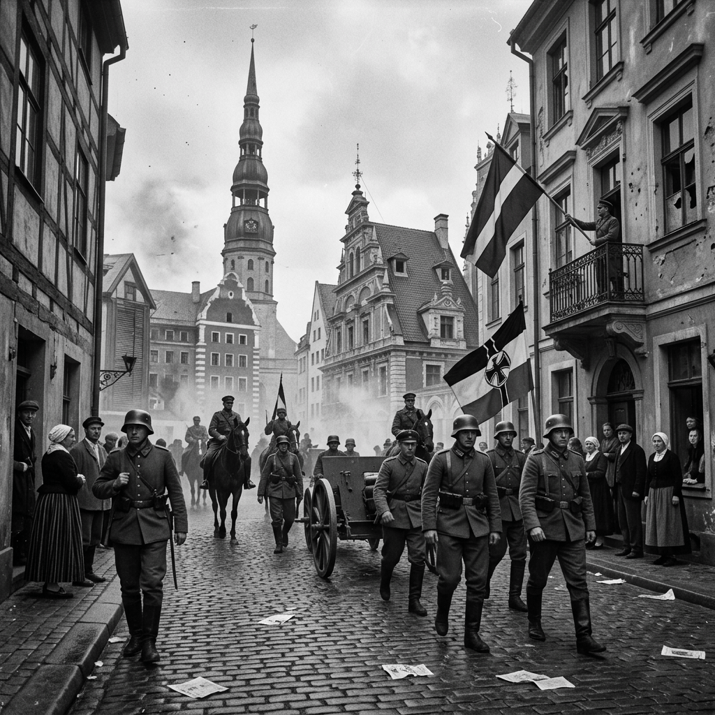 German soldiers marching on cobblestone street with flags and onlookers