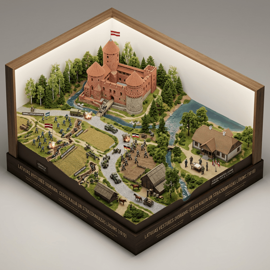 Diorama showing Cēsis castle with soldiers, vehicles, trees, and buildings representing 1919 battle and treaty events