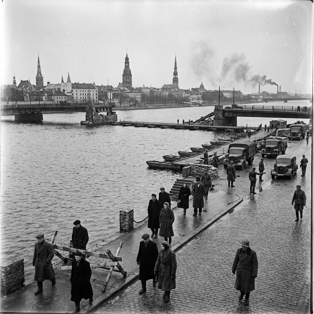People walking along a riverside street with military vehicles and boats, bridge and city skyline in background