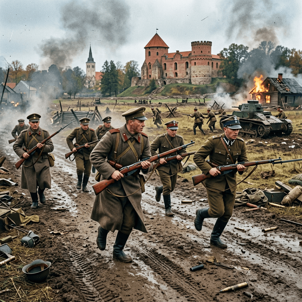 Group of soldiers in early 20th century uniforms advancing on battlefield with rifles, tank, burning house, and castle in background