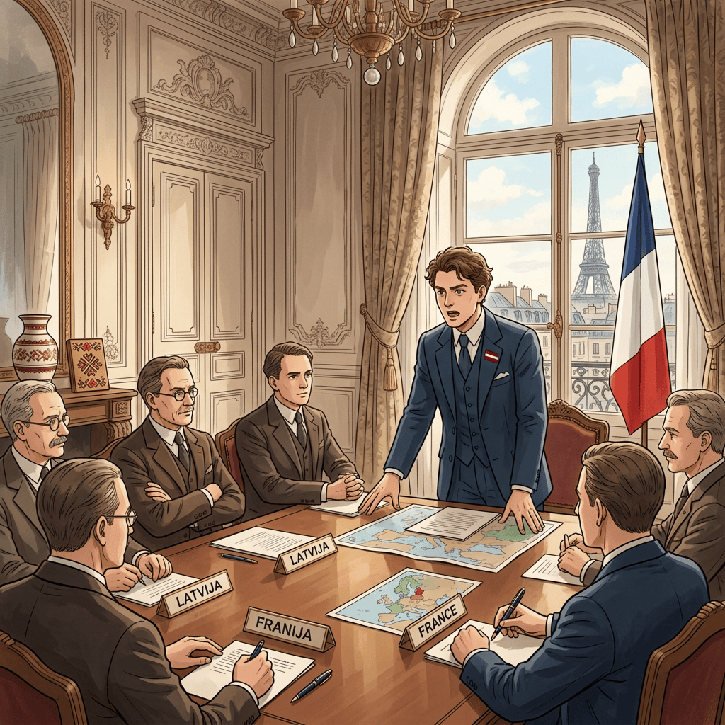 Six men holding a diplomatic meeting in an ornate room, with maps on the table and the Eiffel Tower visible through the window