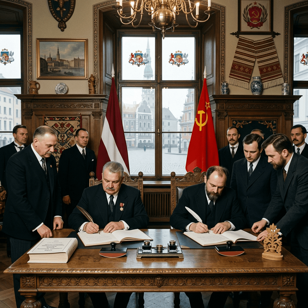 Two men signing official documents at a wooden desk with Latvian and Soviet flags behind them