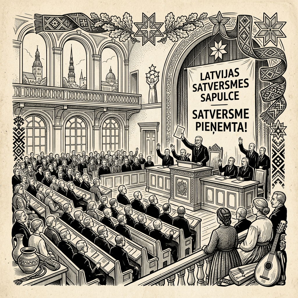 Latvian Constitutional Assembly in session with leader holding document and banner saying Latvijas Satversmes Sapulce Satversme Pieņemtā
