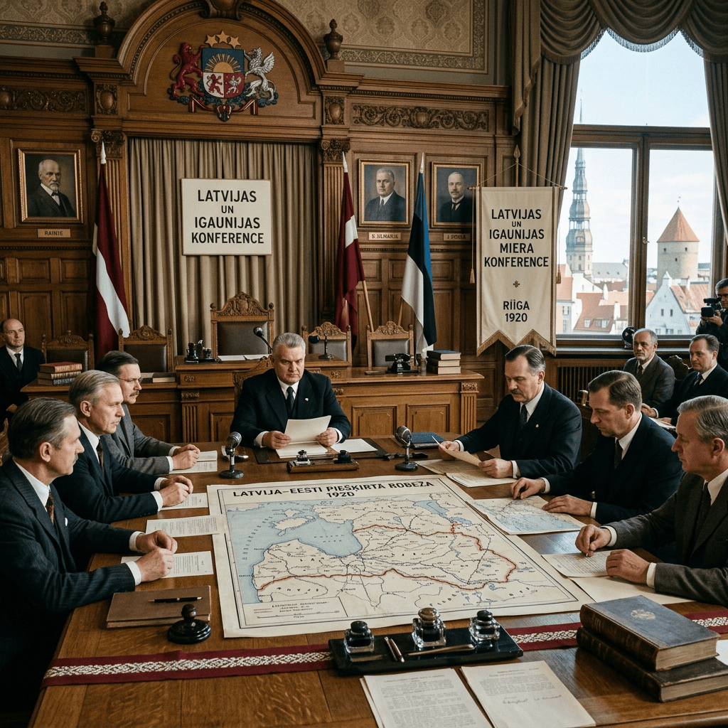 Men seated around a table examining the 1920 Latvia-Estonia boundary map during a conference in Riga