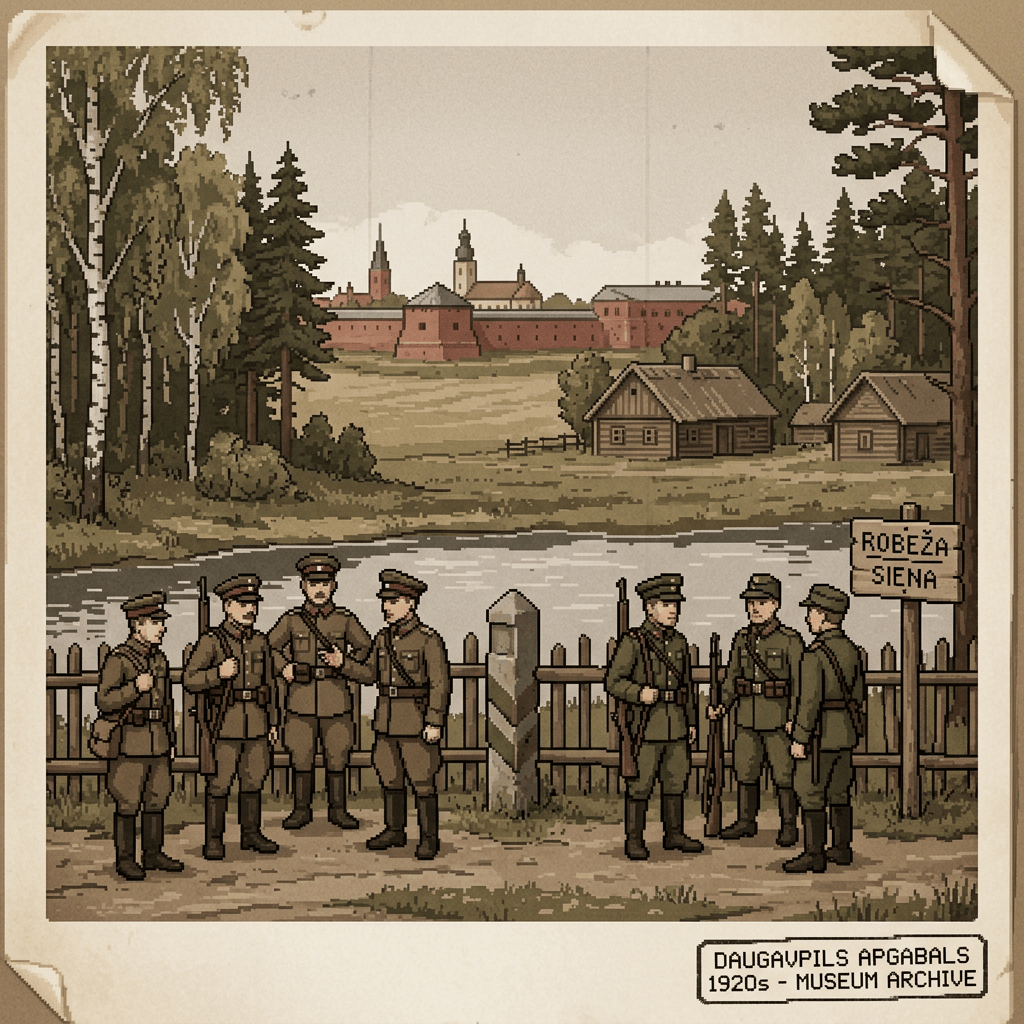 Seven 1920s border guards in uniform standing near a river and wooden fence with a border sign and village buildings behind