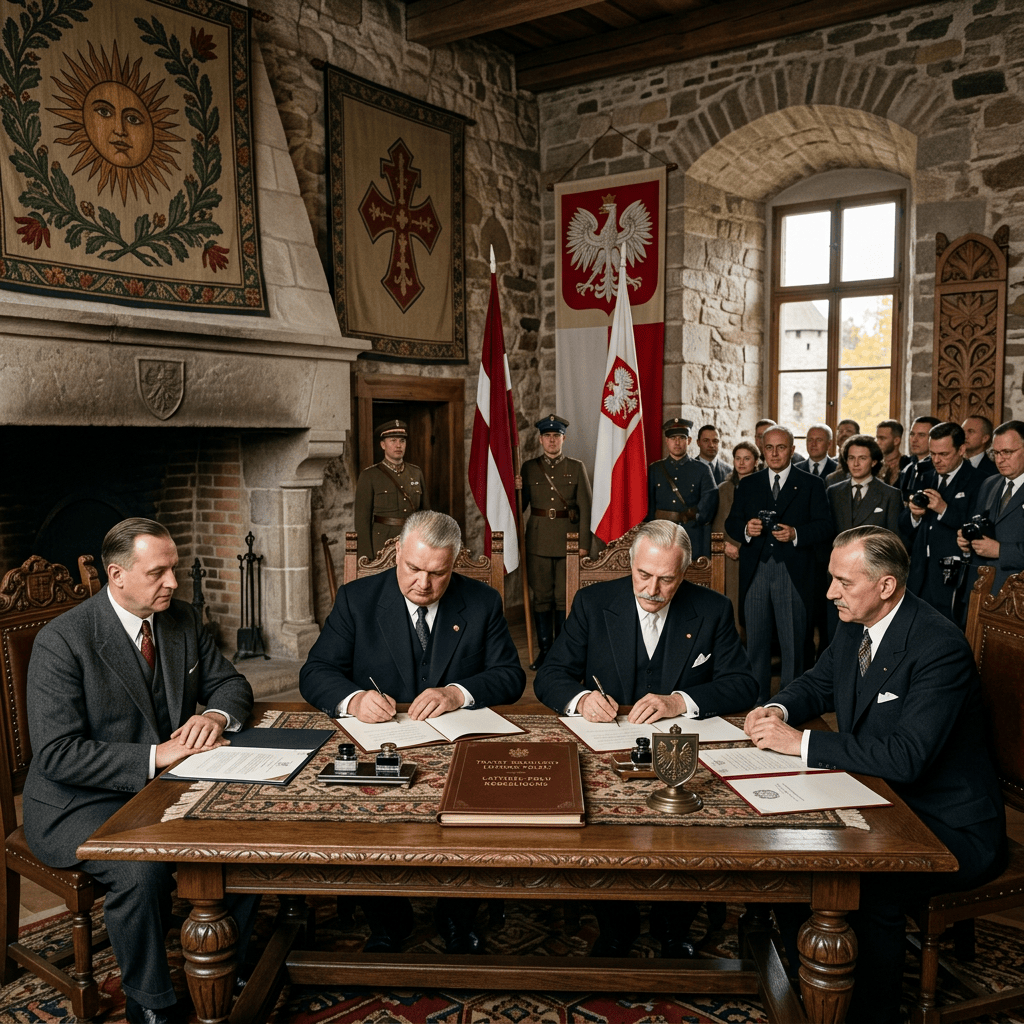 Four men in formal suits signing documents at a wooden table in a large stone room with flags and military guards