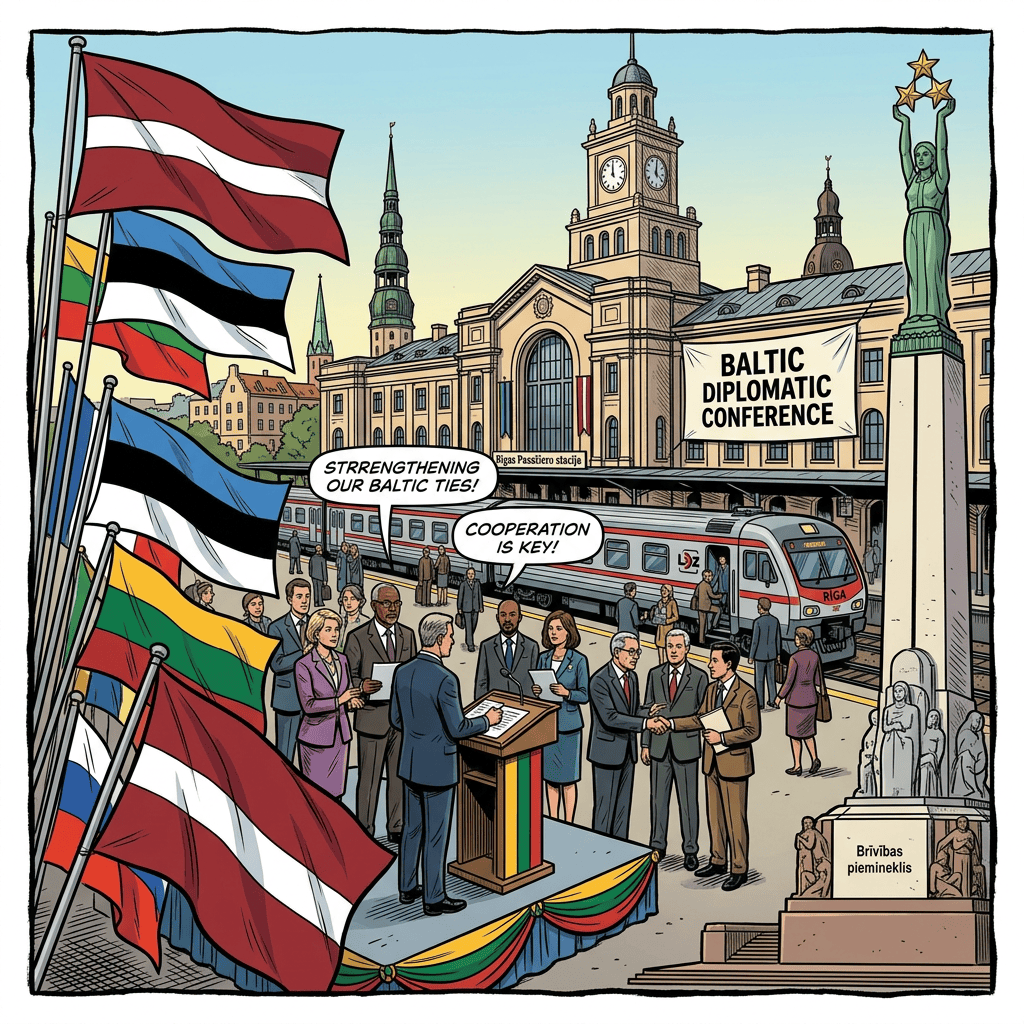 Leaders speaking and shaking hands at Baltic Diplomatic Conference in Riga train station with Baltic flags